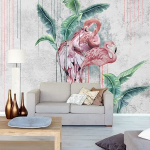 Tropische Flamingo Wallpaper, Roze flamingo en banaan bladeren Wallcovering, Tropical Print Behang, Flamingoes Accent Wall, Floral Mural