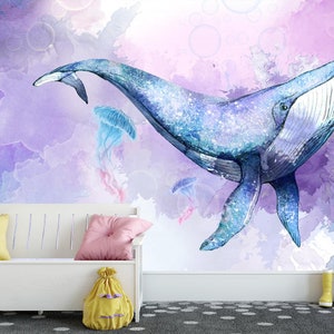 Watercolor blue whale Wallpaper, undersea whale wall mural, Ocean Wallpaper, Underwater World, nursery wall decor, ocean whale art