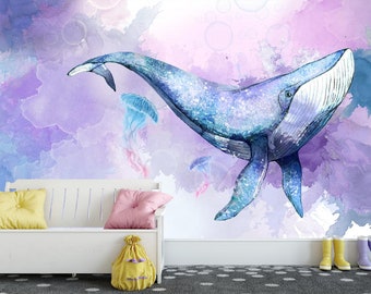 Watercolor blue whale Wallpaper, undersea whale wall mural, Ocean Wallpaper, Underwater World, nursery wall decor, ocean whale art