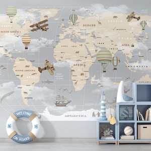 Baby Boy Wall Decor Mappa del mondo Murale Camera dei bambini Carta da parati Nursery Wallpaper Grigio Nursery Travel Decor Balloons Nursery Print Ballons Arte murale