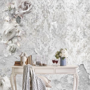 Bella carta da parati in vinile con fiori di rose bianche, murale floreale, carta da parati botanica, rivestimento murale Big Flowers, carta da parati leggera