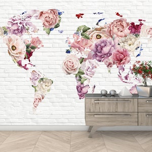 Beautiful Wallcovering With Peony And Rose Flowers, World Map Floral Wallpaper, Vinyl Wall Murals, Botanical Map Of The World Wall Paper