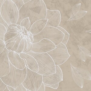 May include: A white line drawing of a large flower with petals that are layered and overlapping. The flower is on a beige background with smaller white line drawings of leaves scattered around the flower.