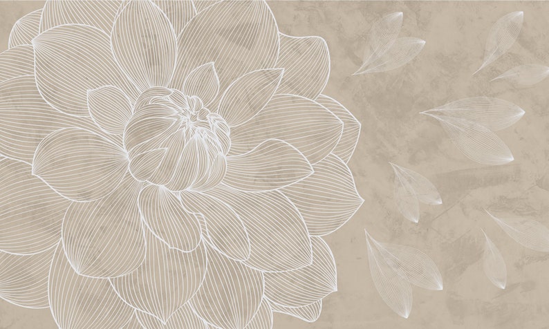 May include: A white line drawing of a large flower with petals that are layered and overlapping. The flower is on a beige background with smaller white line drawings of leaves scattered around the flower.