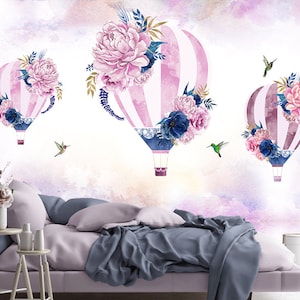 Lovely Air Balloons Wallpaper, Hot air balloon wall Mural, pink Balloon Race Wallpaper, Kids Room, Kid Interior, Children's Wall art