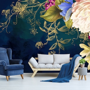 Beautiful Vinyl Wallpaper With Peony And Rose Flowers, Dark Floral Mural, Botanical Wallpaper, Large Floral Print, Big Flowers Wallcovering