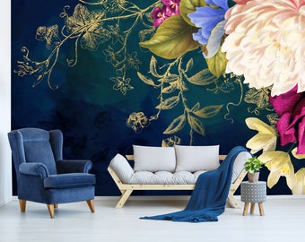 Beautiful Vinyl Wallpaper With Peony And Rose Flowers, Dark Floral Mural, Botanical Wallpaper, Large Floral Print, Big Flowers Wallcovering