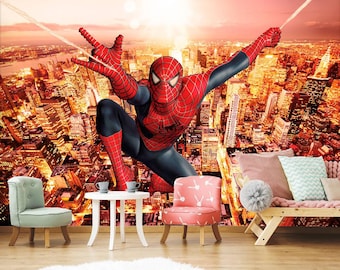 May include: A red and blue superhero, Spiderman, swings through a cityscape at sunset. The background is a city skyline with tall buildings and streetlights.