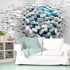 3D Vinyl Wallpaper, gebrochenes Wandbild Kunst, 3D Illusion, 3D Tapete, weiße Ziegel Wandbekleidung, Abrissbirne Wandkunst Arbeit