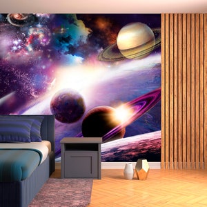 Galaxy Vinyl Wallpaper, Space WallPaper, Large Galaxy And Planets Wall Mural, Custom Wallcovering, Outer Space Wall Art, Universe Wall Decor