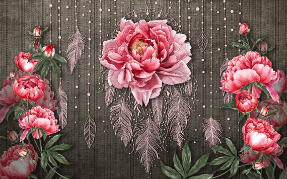 Pfingstrosen Blumen und Traumfänger Vinyl Tapete, Botanische Tapete, Große Blumen  Wandbild, Riesenblumen Wandbild, Florales Wandpapier - Etsy Österreich