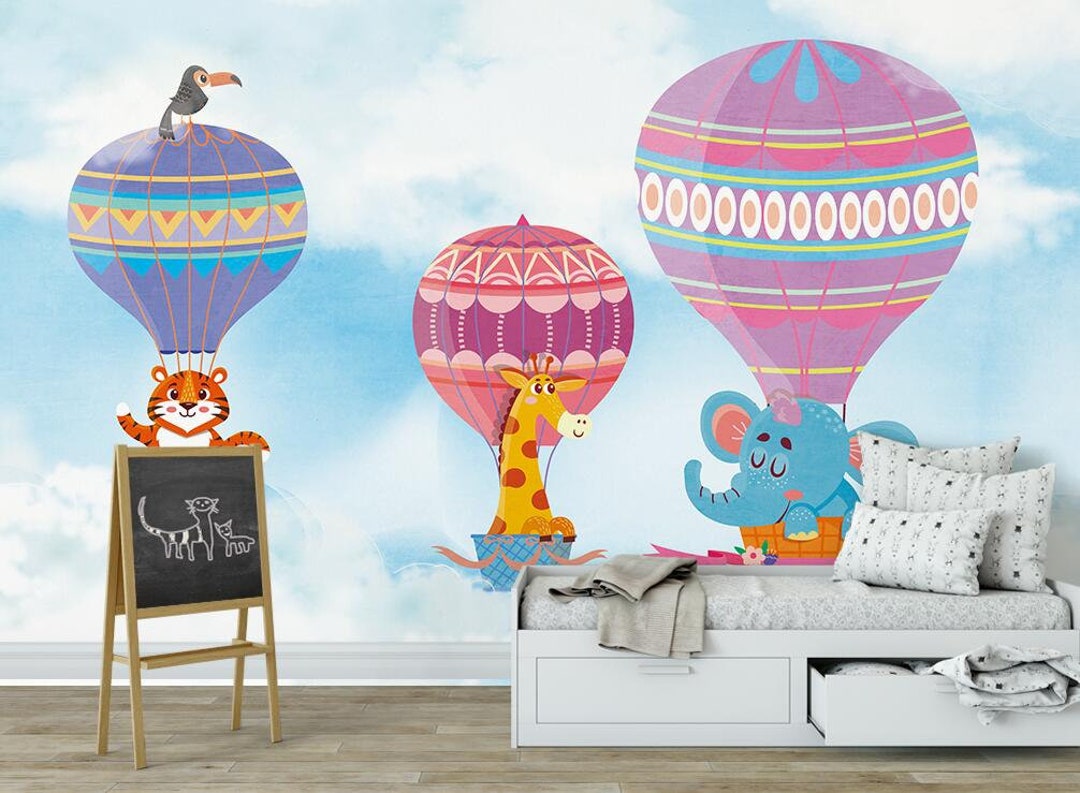 Custom 3d Wallpaper Cartoon Hot Air Balloon Airplane Animal Kids Room ...