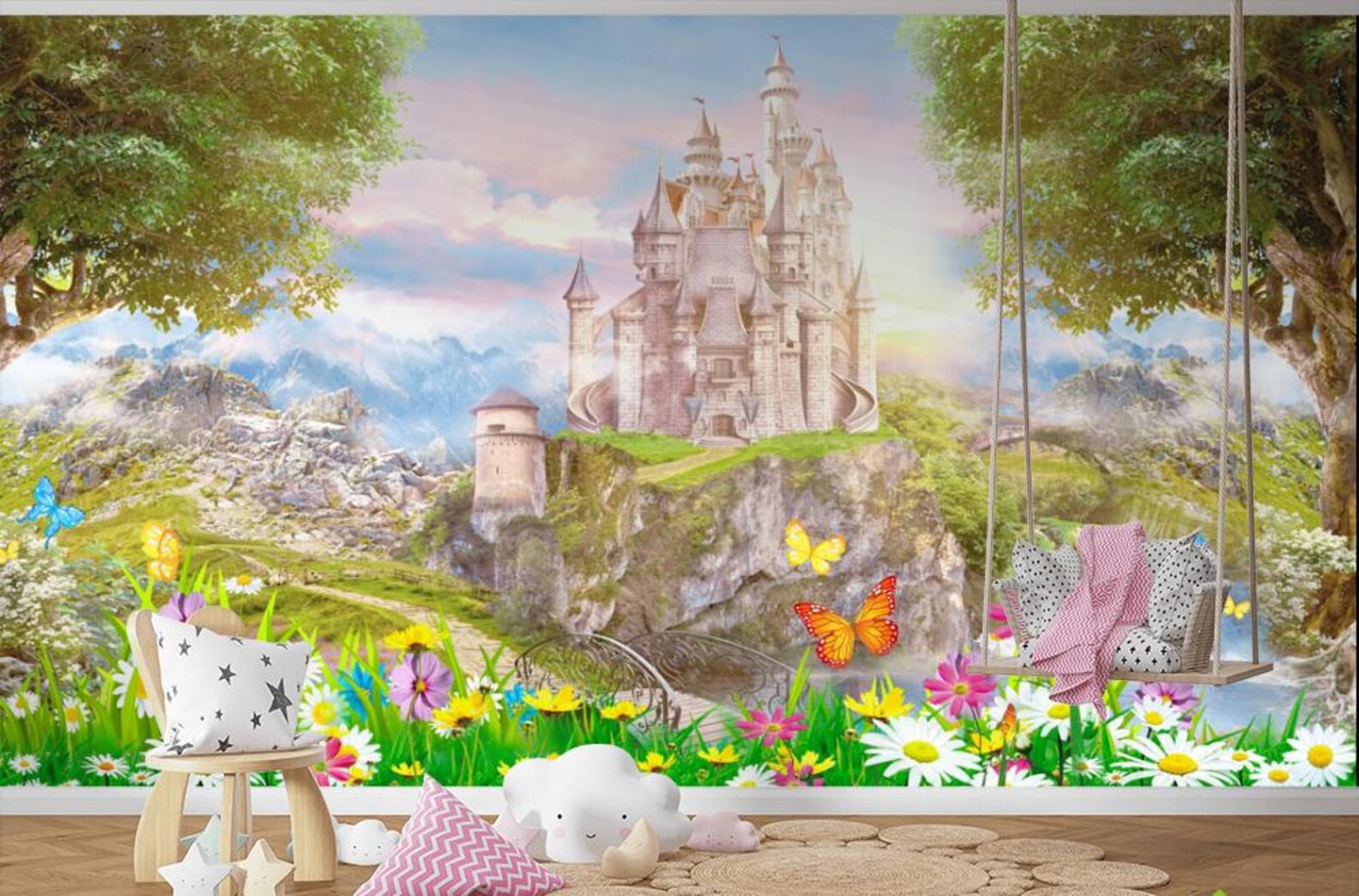 Butterfly Wall Mural Custom Wall Mural Fairy Tale Princess Castle Wall ...