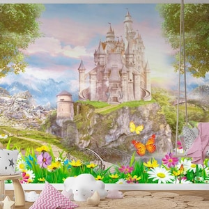 Butterfly Wall Mural Custom Wall Mural Fairy Tale Princess Castle Wall Mural – Pink Fantasy Castle Wallpaper for Girls’ Nursery