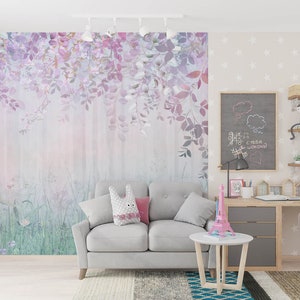 Bedroom Wallpapers Forest Wall Decor Trees Nursery Decor Kids Wall Mural Bedroom Pink Blue Wall Playroom wallpaper, Vinyl wallpaper image 2