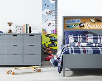 Tamaño de la tabla de altura de crecimiento de los niños Calcomanía de pared extraíble para niños, decoración de habitaciones para niños con automóviles