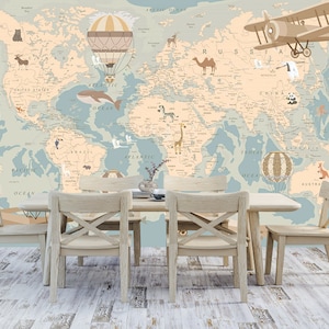 World Map Kids Room Wallpaper, Children Map of the world With Air Balloons, Plane And Cute Animals Wall Mural, Kid Interior, Boys Bedroom