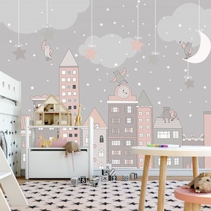 Wunderschönes Märchenstadt-Wandbild, Nacht in einer Märchenstadt-Tapete, Cartoon-Kleinstadt-Wandkunst, Wandverkleidung mit gekritzelten Häusern, Kinderzimmer