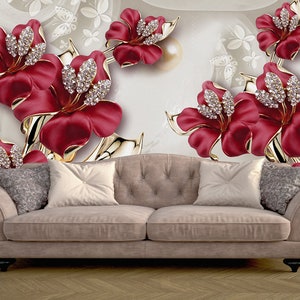 Vinyl Wallpaper With Red Flowers and Diamonds, Flower Wall Mural ...
