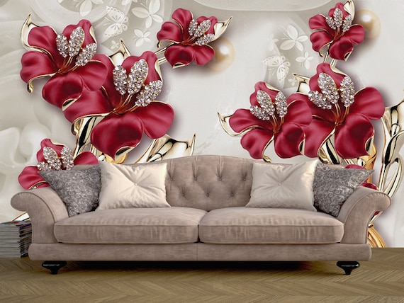 Vinyl Wallpaper With Red Flowers and Diamonds Flower Wall - Etsy UK Vinyl Wallpaper With Red Flowers and Diamonds Flower Wall - Etsy UK