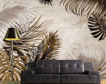Jungle Tropical Palm Leaves Wallpaper White gold metallic leaf wallcoverings 3D 