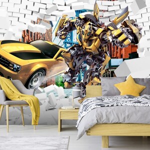 車の漫画の壁の装飾、取り外し可能な壁紙、黄色の車のウォールアート、車の壁の保育園のプリント、男の子向けのアートキッズ壁紙、子供部屋の装飾