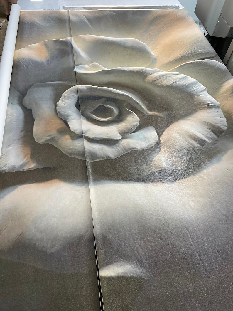 Op de afbeelding: Een close-up van een grote, witte, stoffen roos met een textuur. De roos is gedeeltelijk opgerold, waardoor de stof eronder zichtbaar wordt.