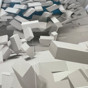 May include: Abstract 3D wall art featuring a white, textured, geometric design. The design appears to be made of stacked blocks that are falling apart, creating a sense of depth and movement.