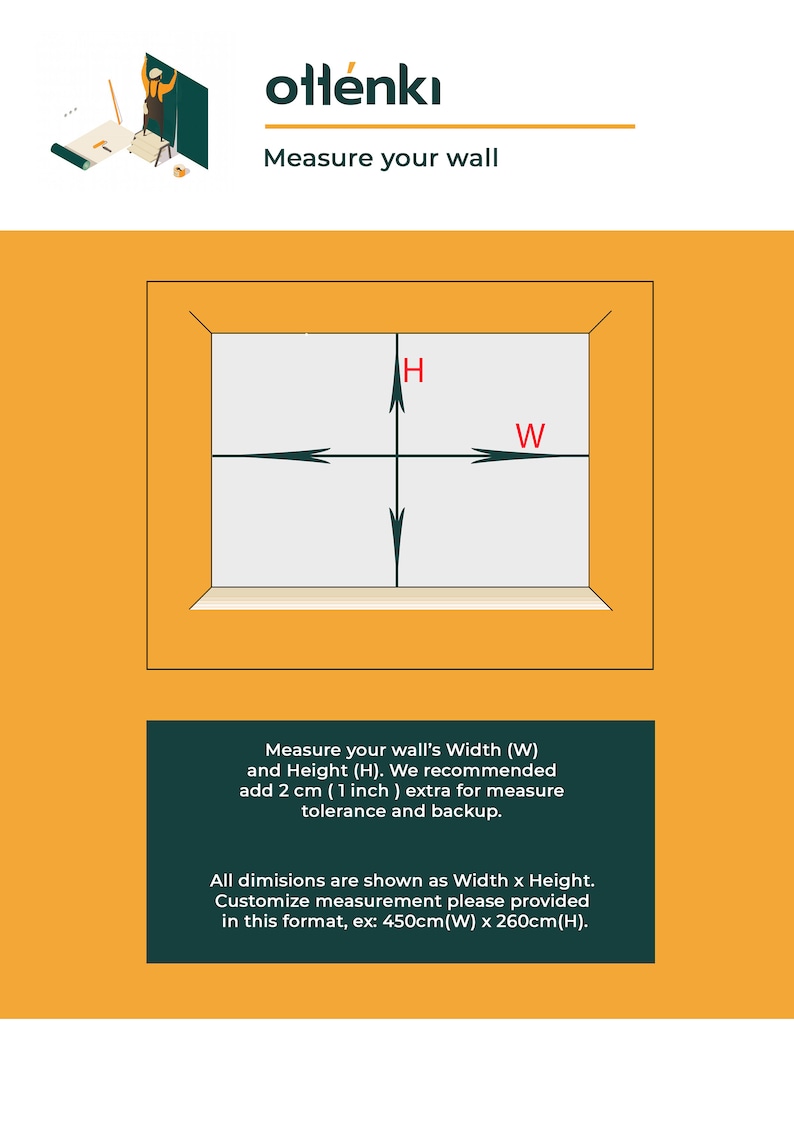 Op de afbeelding: Diagram dat laat zien hoe je een muur meet voor een muurschildering of behang. Het diagram toont een rechthoek met pijlen die naar de breedte en hoogte van de muur wijzen. De tekst luidt: "Meet de breedte (B) en de hoogte (H) van uw muur. We raden aan om 2 cm (1 inch) extra toe te voegen voor de meettolerantie en de reserve. Alle afmetingen worden weergegeven als Breedte x Hoogte. Pas de meting aan in dit formaat, bijvoorbeeld: 450 cm (B) x 260 cm (H)."