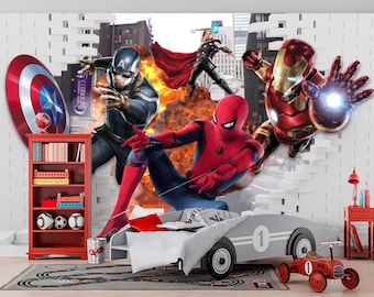 May include: A colorful superhero themed wallpaper mural featuring Spiderman, Captain America, Iron Man, and Thor. The mural is displayed on a wall in a child's bedroom with a bed, a bookshelf, and a toy car.