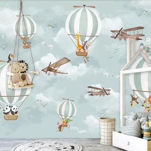 Cartoon, Balloon, Airplane, Hot air balloon wall Mural, pink Balloon and and little elephants Wallpaper, Kids Room, Kid Interior