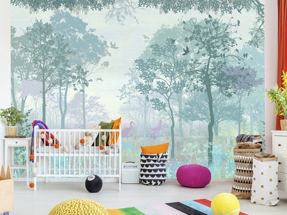 Customized Turquoise Nursery Wallpapers Forest Wall Decor Trees Nursery Decor Turquoise Wall Mural Bedroom Turquoise Wall Neutral Nursery