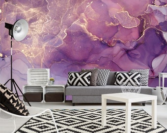 Purple Fluid Art Wallpaper, Purple marble, removable wallpaper marble Wall Poster decor, Living room Wall Mural Purple Gold Marble Wallpaper