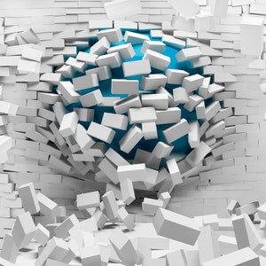 May include: A white brick wall with a hole in the center. The hole is filled with a blue sphere and white bricks that are breaking through the wall.