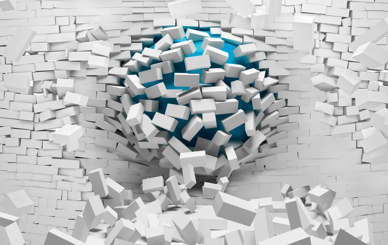May include: A white brick wall with a hole in the center. The hole is filled with a blue sphere and white bricks that are breaking through the wall.