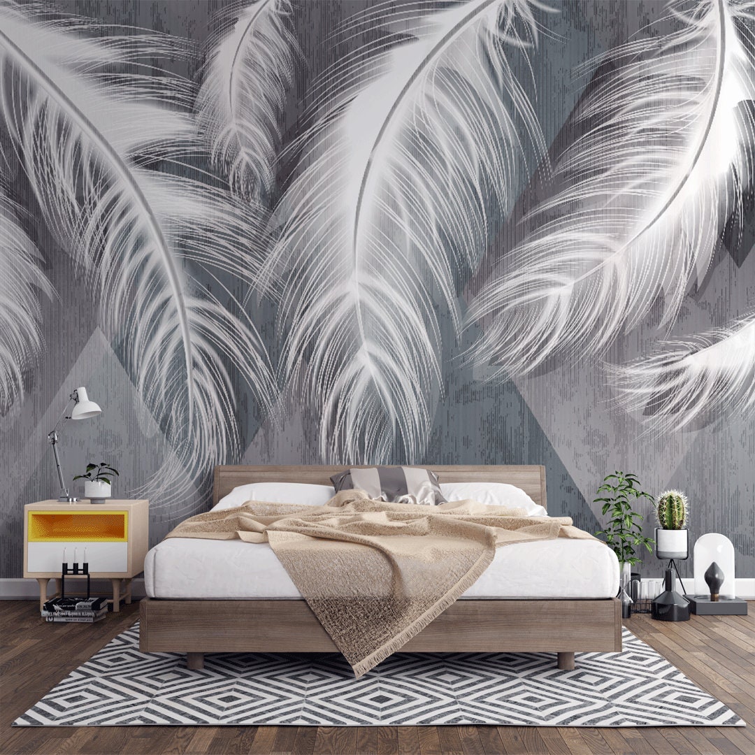 3D White Feathers Wallpaper, Wall Mural, Wall Art Black White Wall ...
