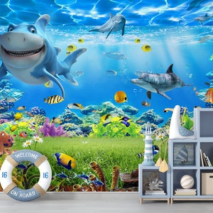 Underwater World Cartoon Shark \ Nursery Kids Wallpaper \ Cartoon Animal Removable Children Wall Mural
