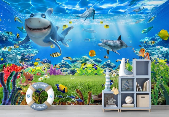 Underwater World Cartoon Shark Nursery Kids Wallpaper - Etsy Underwater World Cartoon Shark Nursery Kids Wallpaper - Etsy