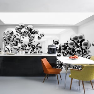 Carta da parati in vinile 3d, Arte murale, Illusione 3d, Murales 3d, Rivestimento murale stereoscopico nero, Opera d'arte murale, Carta da parati Black Mirror Balls
