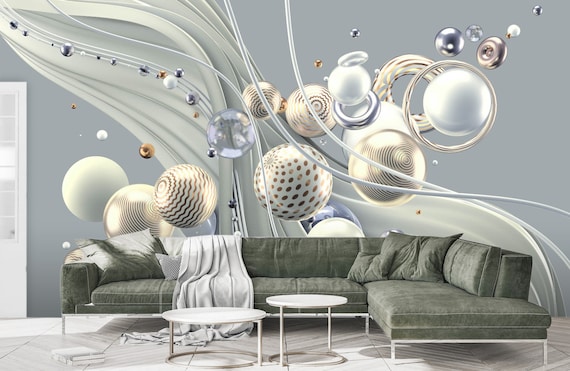 3D Spherical Balls Vinyl Wallpaper, 3d Illusion, 3d Wall Murals, White Stereoscopic, 3D Spherical Balls, Wall Art Work, Geometric Wallpaper