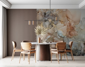 Fluid Art Wallpaper, Gilded Wallpaper, Abstract Wall Mural, Decorative Wallpaper, Beige with hand gilding Wallpaper,   Removable Wallpaper