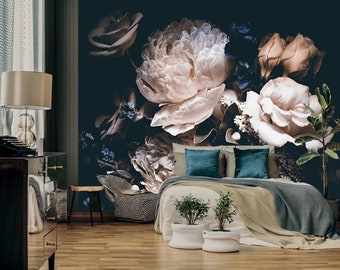 Dark Print Floral Wallpapers Kids Room Wallpaper Girls Nursery Removable Wallpaper Bedroom Print Vintage Peony Flowers Wallpaper Vintage