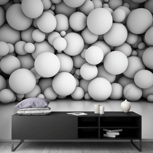 3D Vinyl Tapete, volumetrische weiße Kugeln, 3d Effekt Wandpapier mit riesigen Kugeln, geometrische Wanddekoration, große Kugeln, Wandbilder
