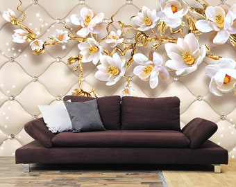 Vinyl Wallpaper With White Magnolia Flowers, Light Floral Mural, Botanical Wallpaper, Large Floral Print, Big Flowers Wallcovering