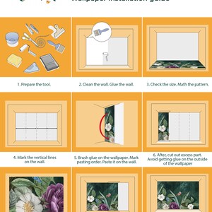 May include: A nine-step illustrated guide for installing wallpaper. The guide includes images of tools, steps for preparing the wall, measuring, cutting, and pasting the wallpaper. The guide also includes tips for matching patterns and using a scraper to smooth out the wallpaper.