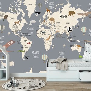 Gray World Map Wallpapers Gray Kids Room Decor Map Wallpaper Nursery Vinyl Wallpapers Animal Print Wallpaper World Map Mural Gray Wall Decor