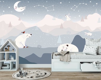 Polar Kids Room Wallpaper Nursery Peel & Stick Removable Wallpaper Nursery Polar Decor Stars Nursery Vinyl Wallpapers Polar Bear Nursery