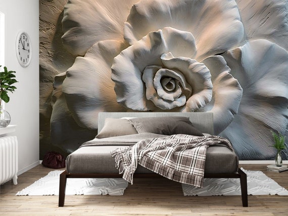 3D Wallpaper, 3D Embossed Effect, 3D Rose Wall Mural, Gray Relief Wallpaper,  Wall Mural, Self Adhesive Wallpaper, Removable Relief Mural 