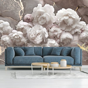 Bellissima carta da parati in vinile con fiori di peonia bianca, murale floreale chiaro, carta da parati botanica, stampa floreale di grandi dimensioni, rivestimento murale con fiori grandi