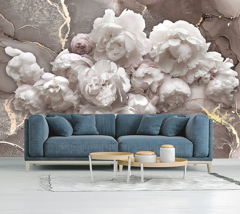 Beautiful Vinyl Wallpaper With White Peony Flowers, Light Floral Mural, Botanical Wallpaper, Large Floral Print, Big Flowers Wallcovering